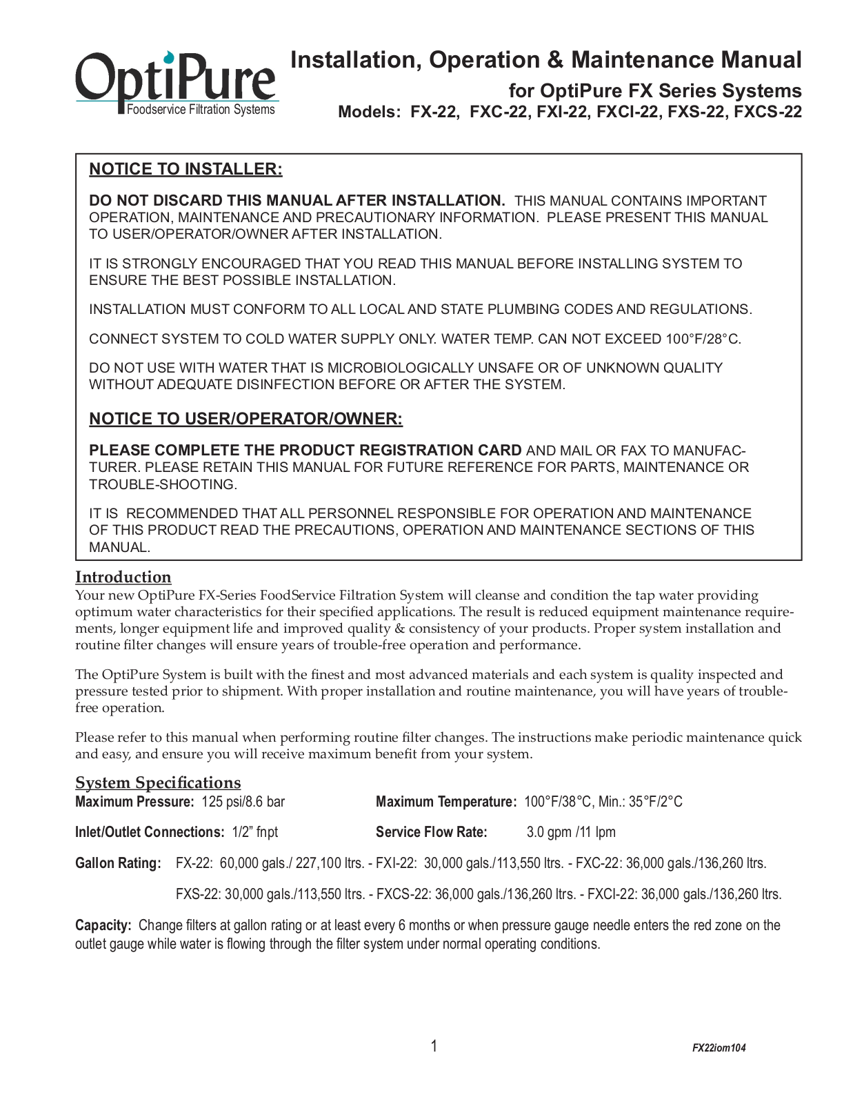 OptiPure FX-22 Installation  Manual