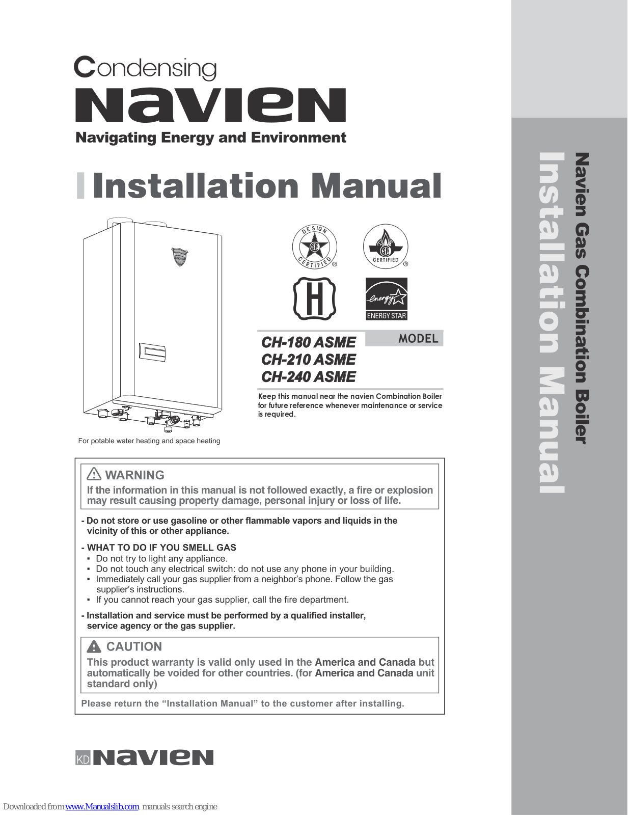 Navien CH-180 ASME, CH-210 ASME, CH-240 ASME Installation Manual