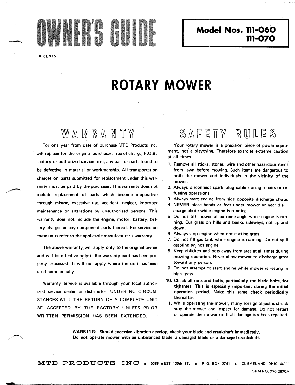 Bolens 111-060 User Manual