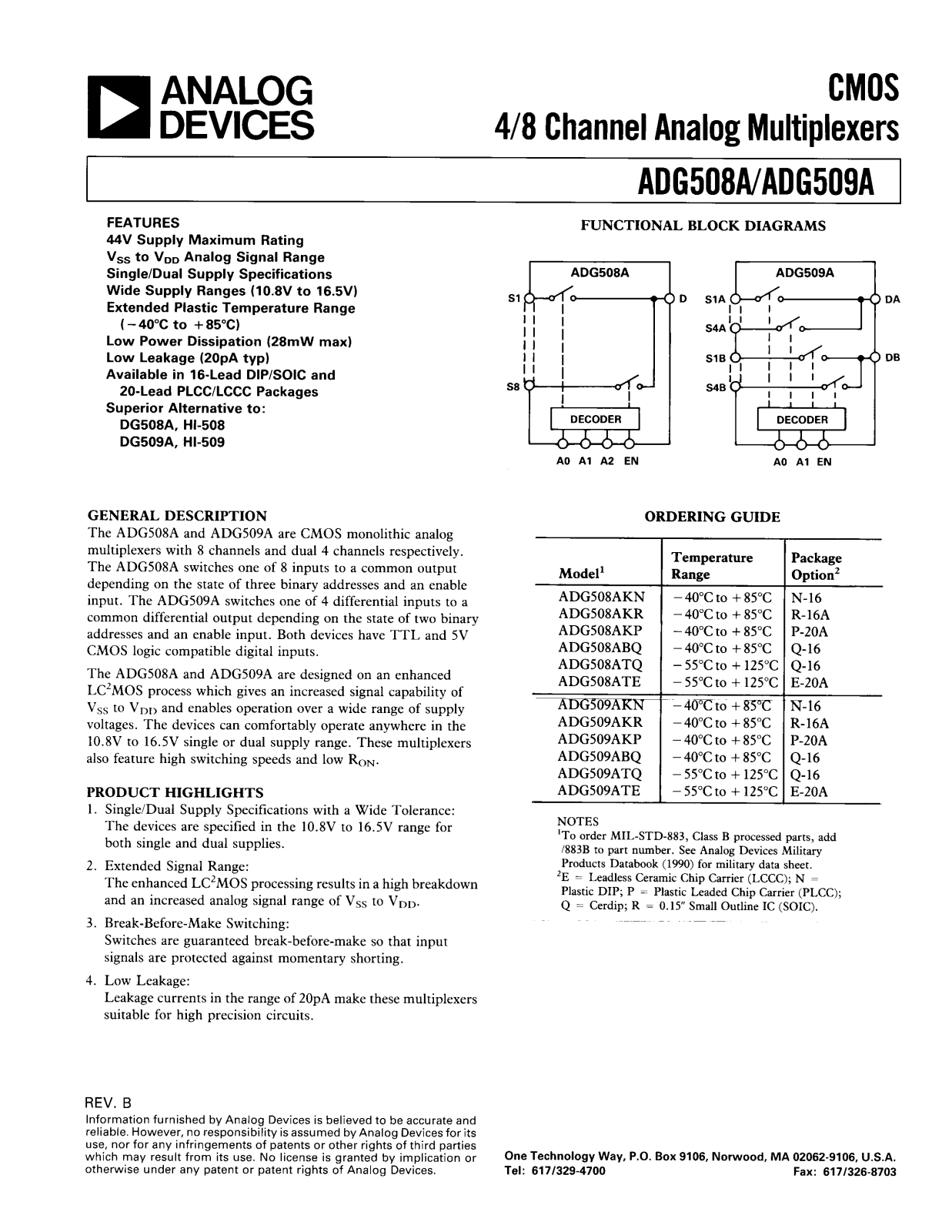 Analog Devices ADG509ATQ, ADG509ATE, ADG509AKR, ADG509AKP, ADG509AKN Datasheet