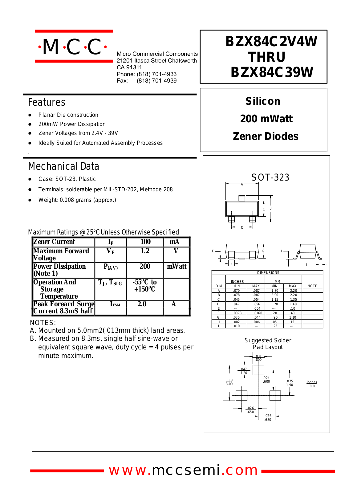 MCC BZX84C9V1W, BZX84C8V2W, BZX84C7V5W, BZX84C6V8W, BZX84C6V2W Datasheet