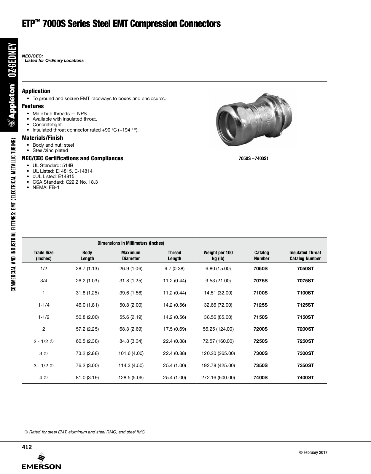 Appleton 7000S Series Steel EMT Compression Connectors Catalog Page