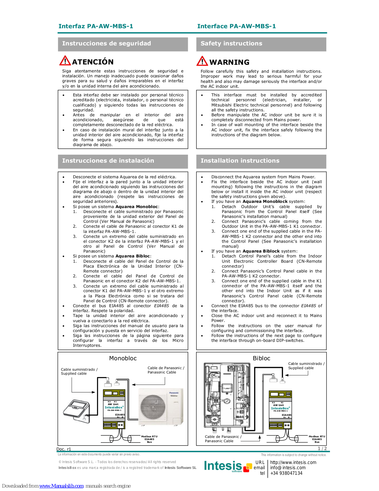 IntesisBox PA-AW-MBS-1 Installation Instructions Manual