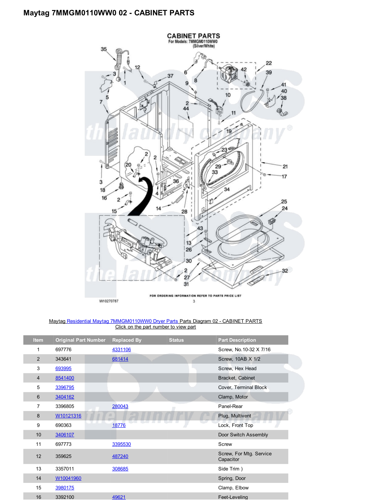 Maytag 7MMGM0110WW0 Parts Diagram