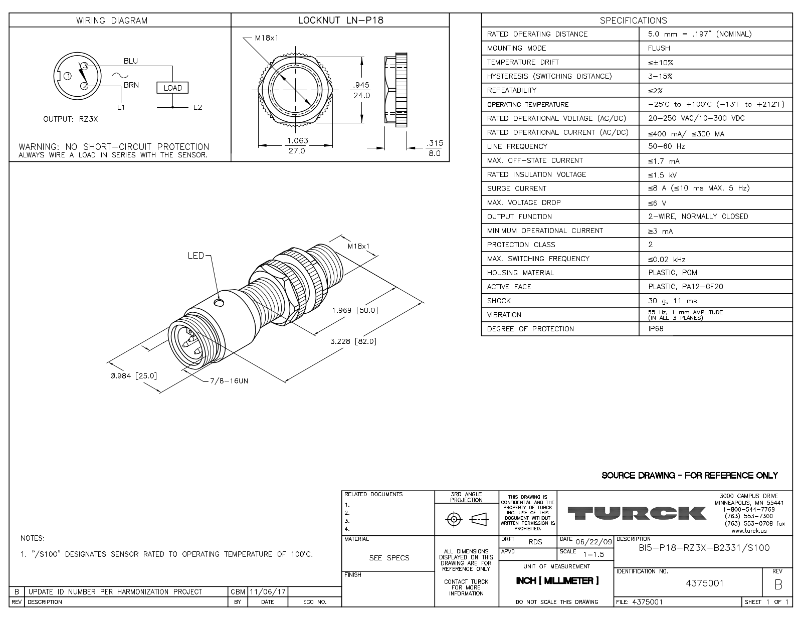 Turck BI5-P18-RZ3X-B2331/S100 Data Sheet