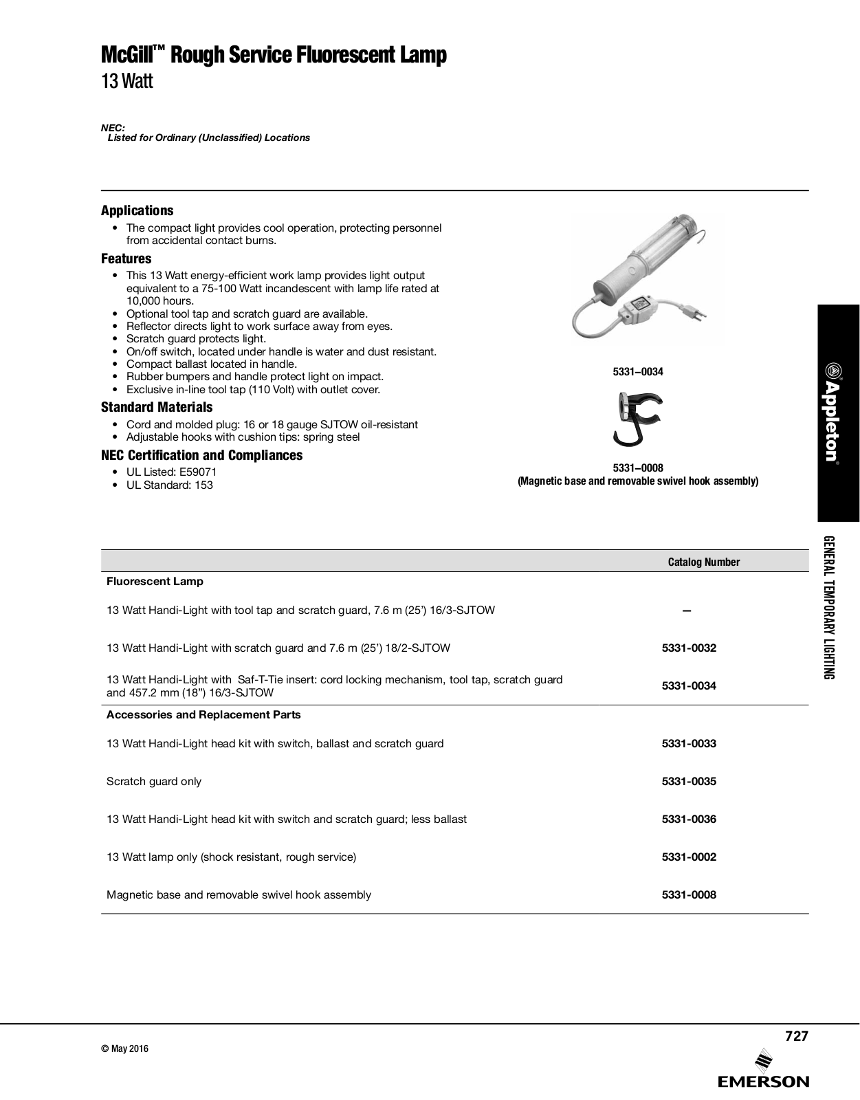 Appleton Rough Service Fluorescent Lamp Catalog Page