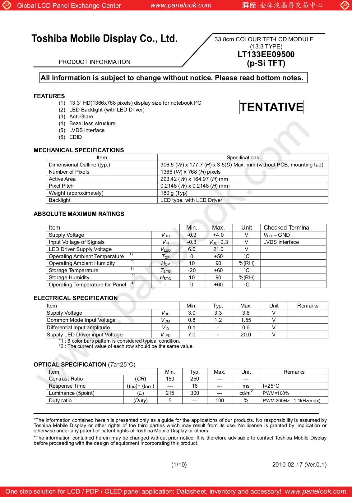 TOSHIBA LT133EE09500 Specification