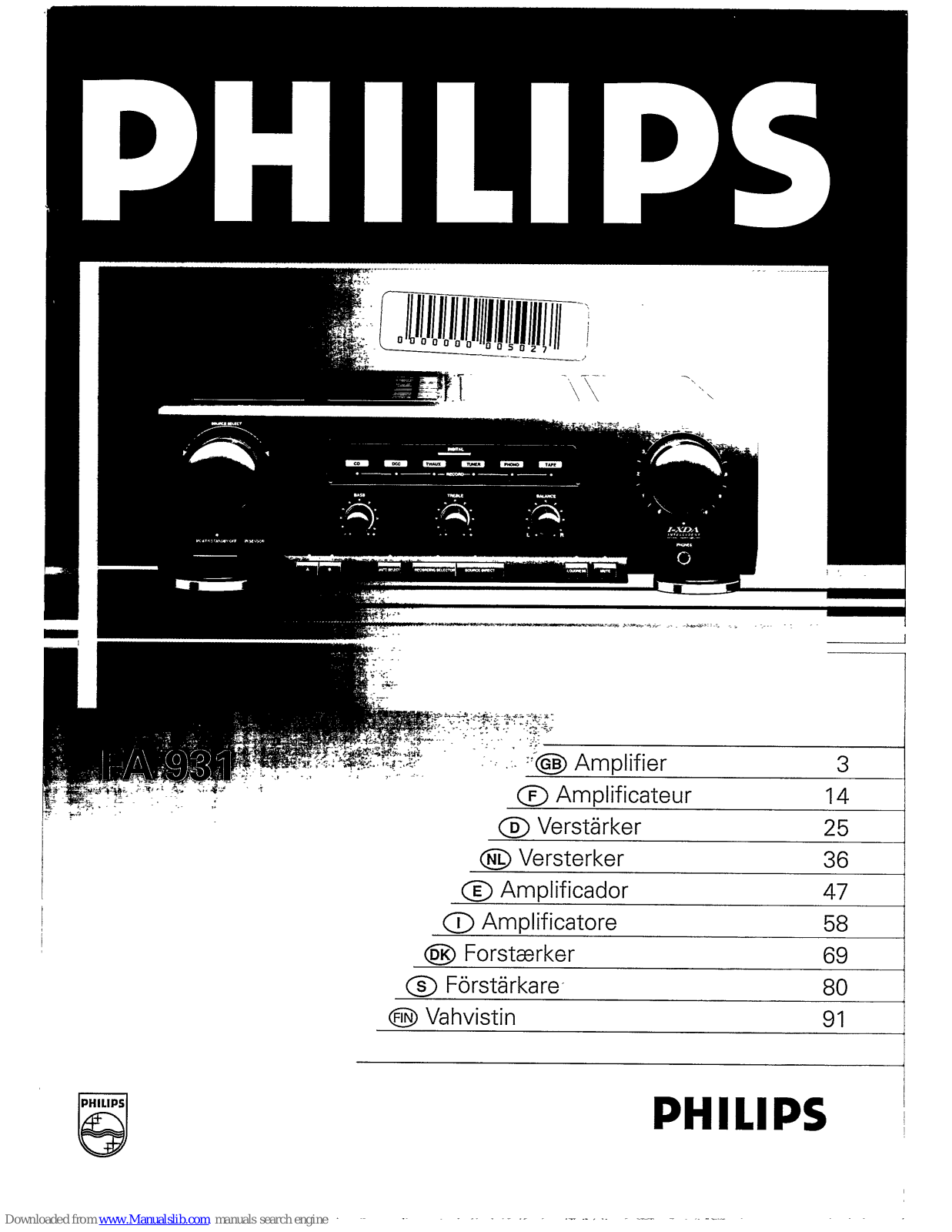 Philips Amplifier, FA931 User Manual