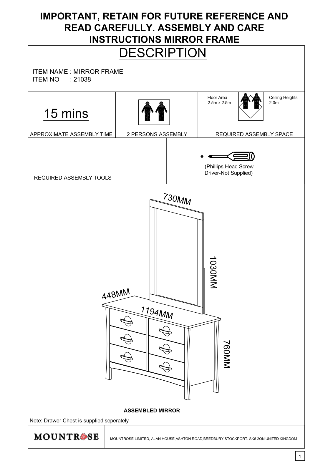 Argos 21038 ASSEMBLY INSTRUCTIONS