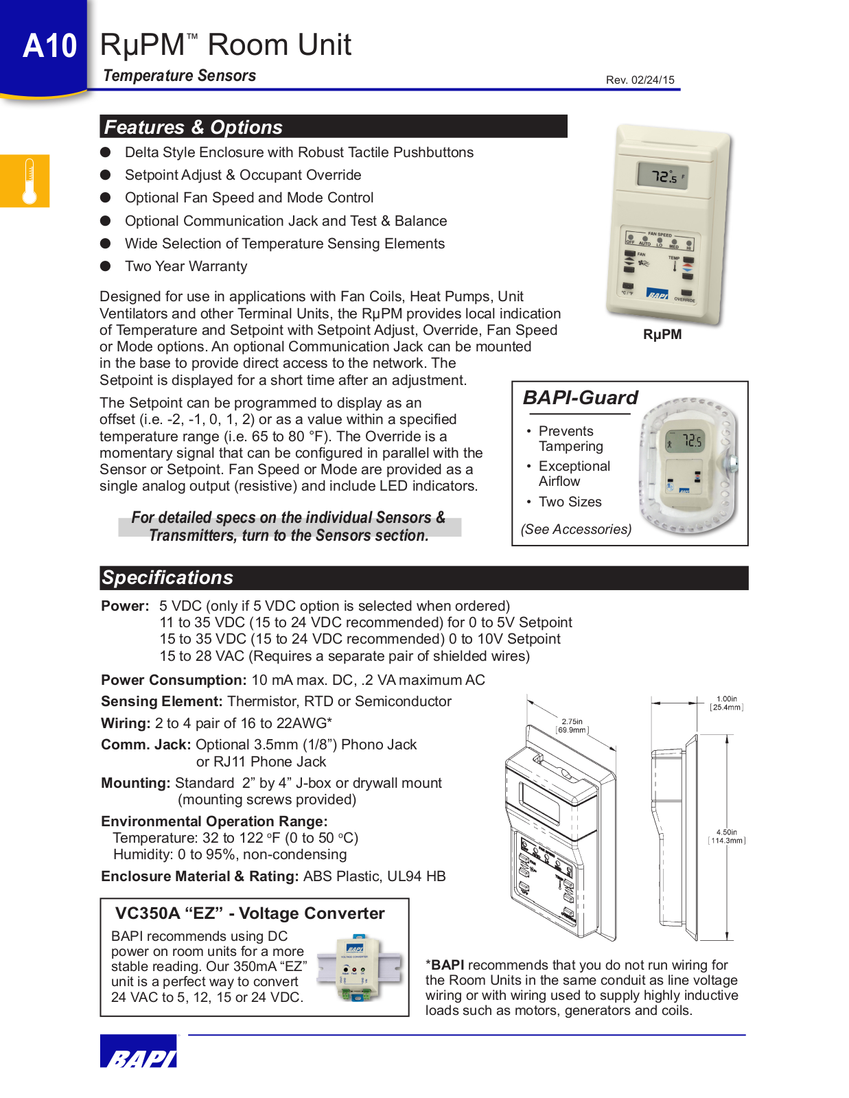 BAPI RµPM Room Unit Catalog Page