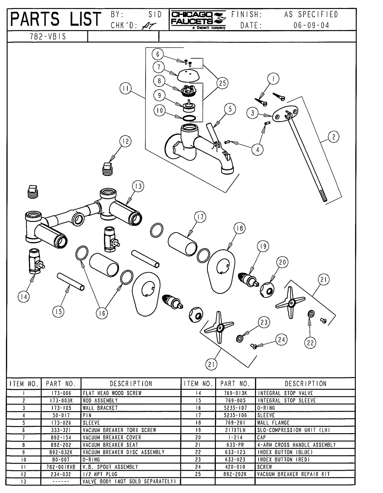 Chicago Faucet 782-VBISCP Parts List