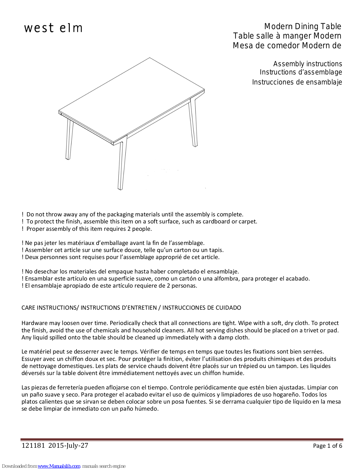 West Elm Modern Dining Table, 121181 Assembly Instructions