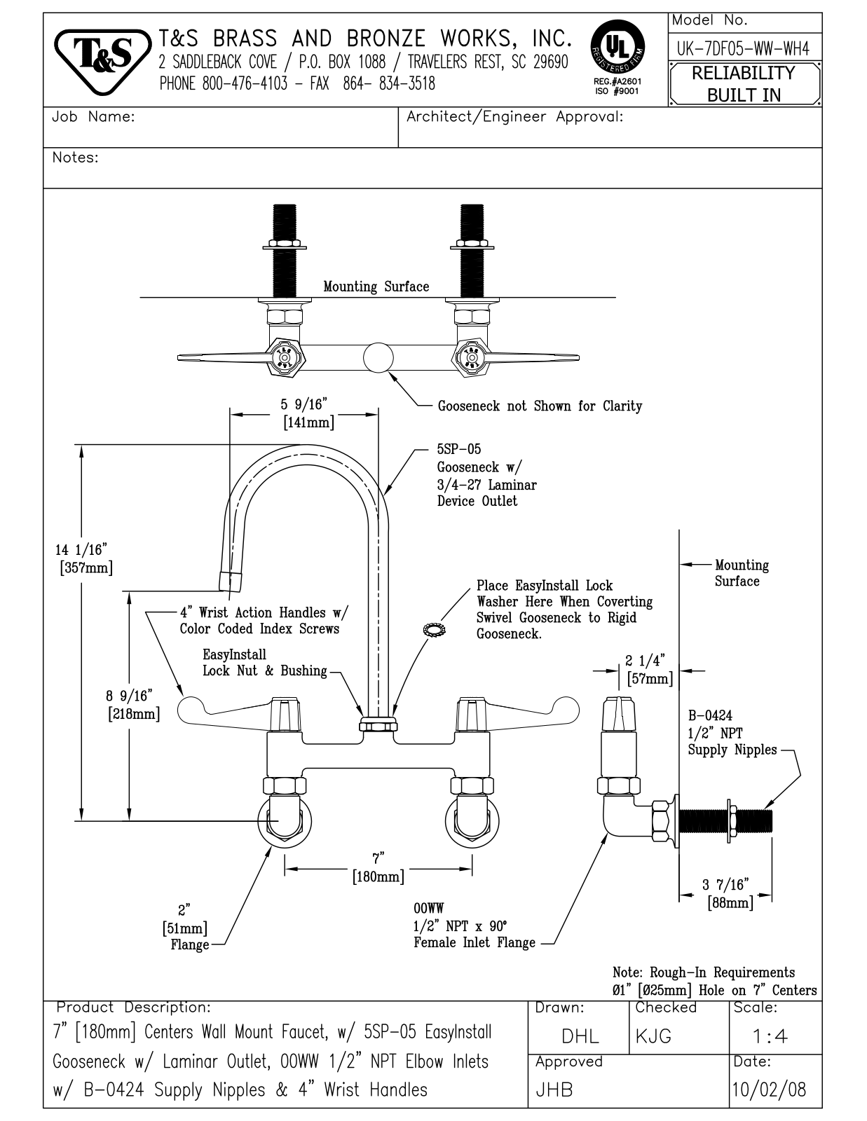 T&S Brass UK-7DF05-WW-WH4 User Manual