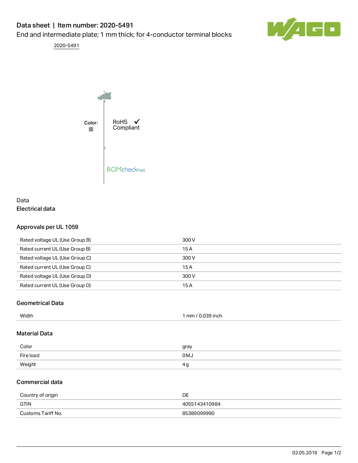 Wago 2020-5491 Data Sheet