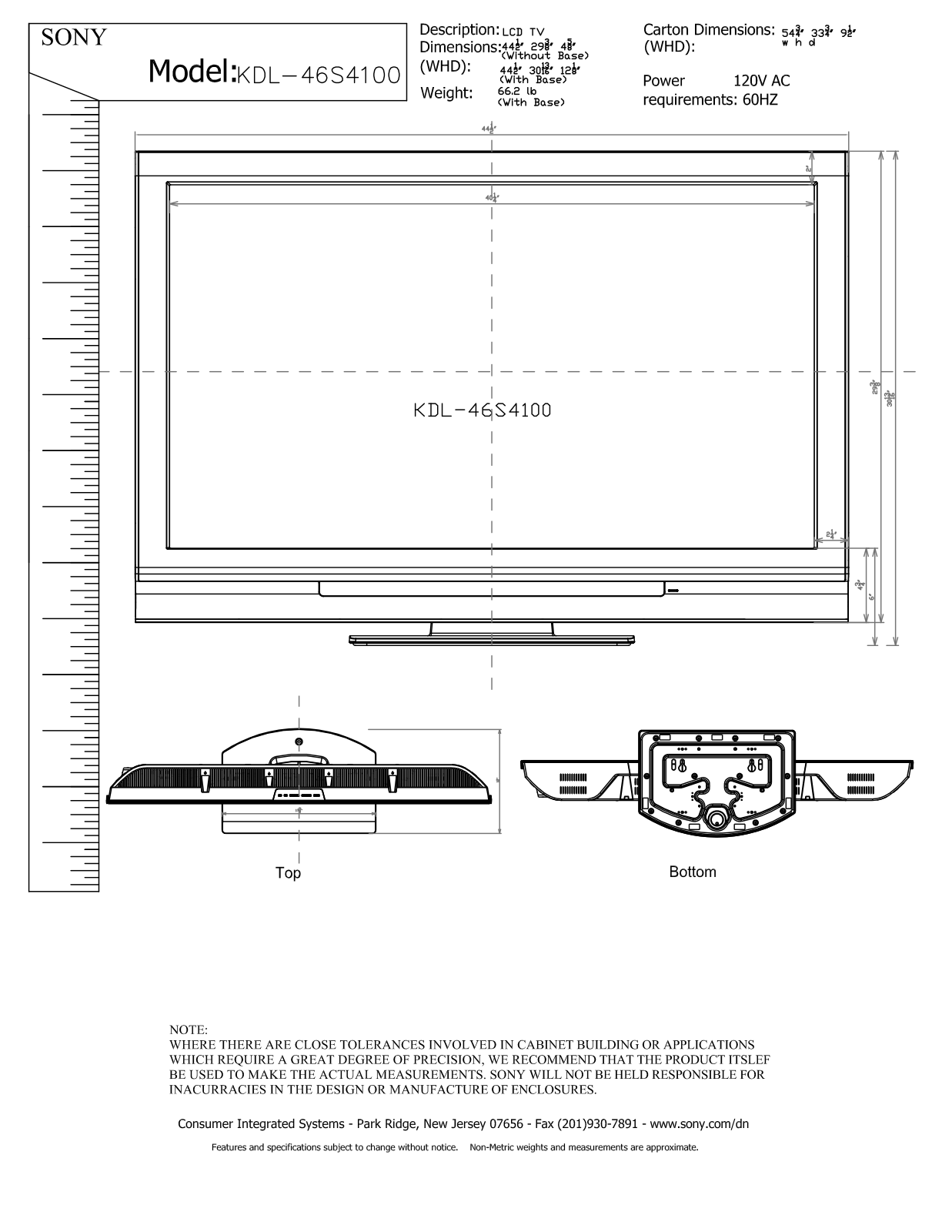 Sony KDL-46S4100 Dimensions Diagram