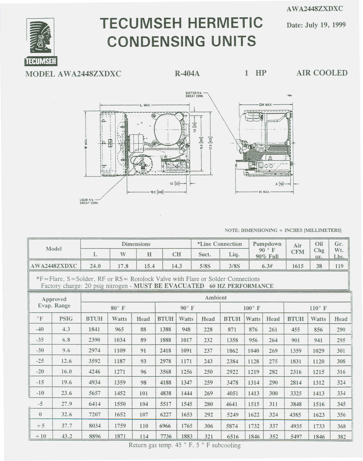 Tecumseh AWA2448ZXDXC Performance Data Sheet