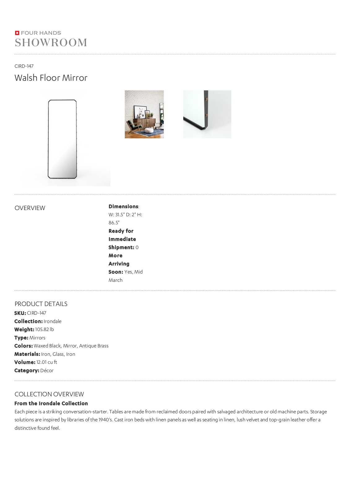 Four Hands CIRD-147 Specification Sheet - ManualMachine.com