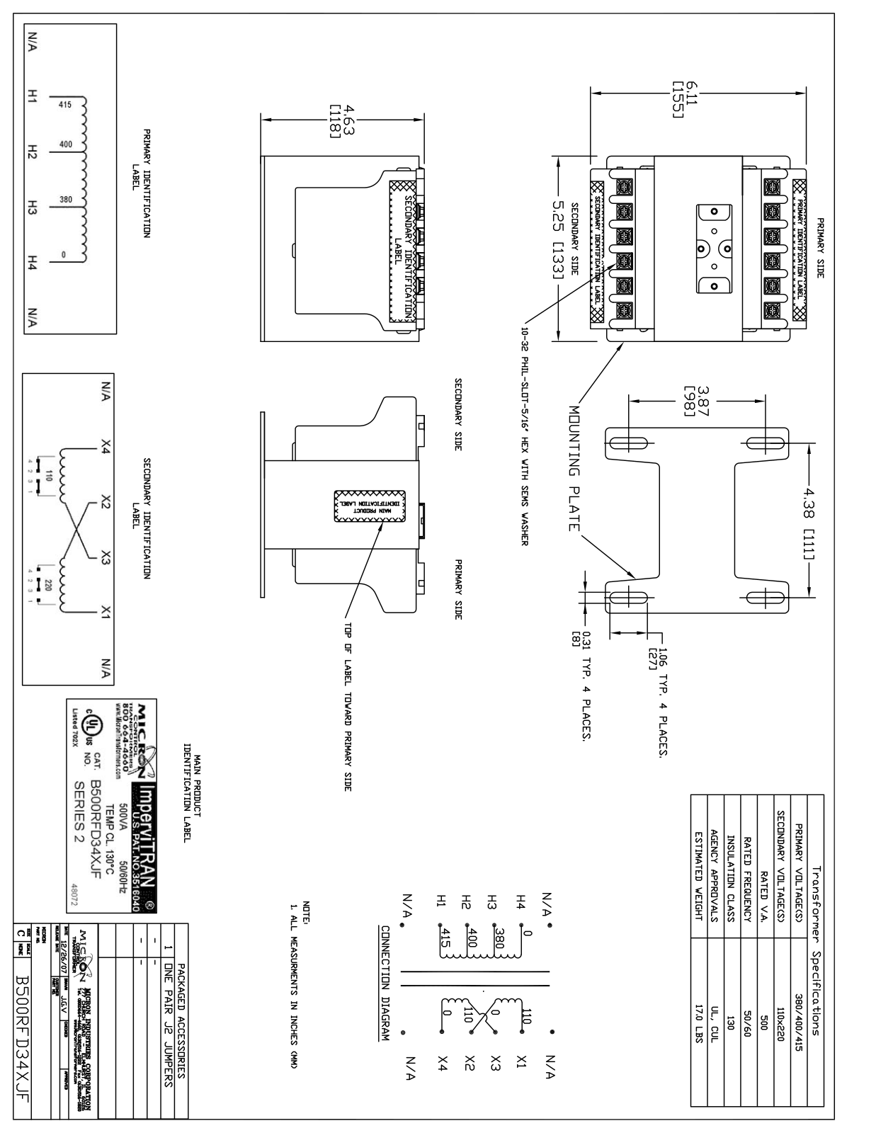 Micron Industries B500RFD34XJF Specification Sheet