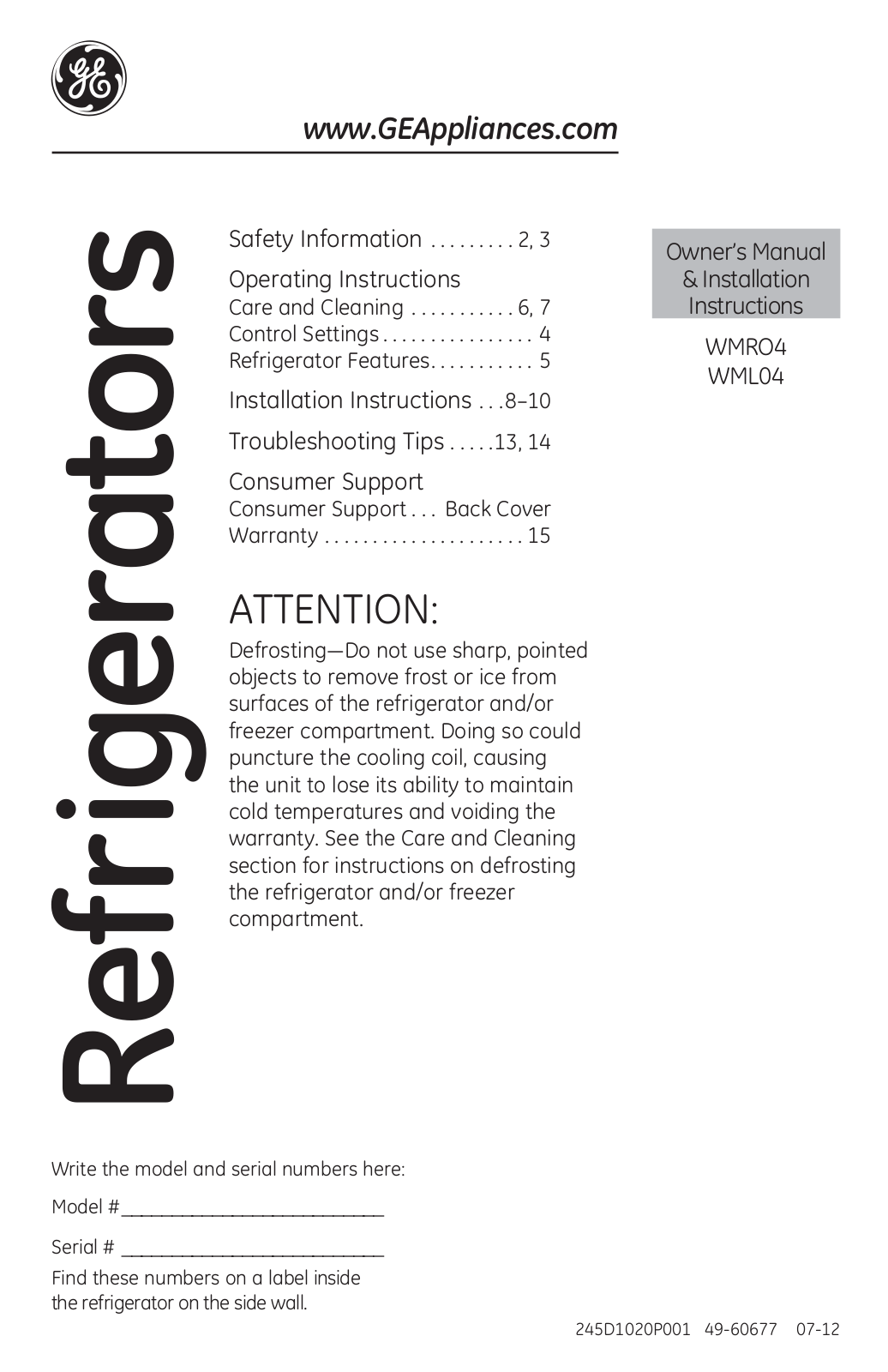 GE WMR04, WML04 Owner’s Manual & Installation Instructions