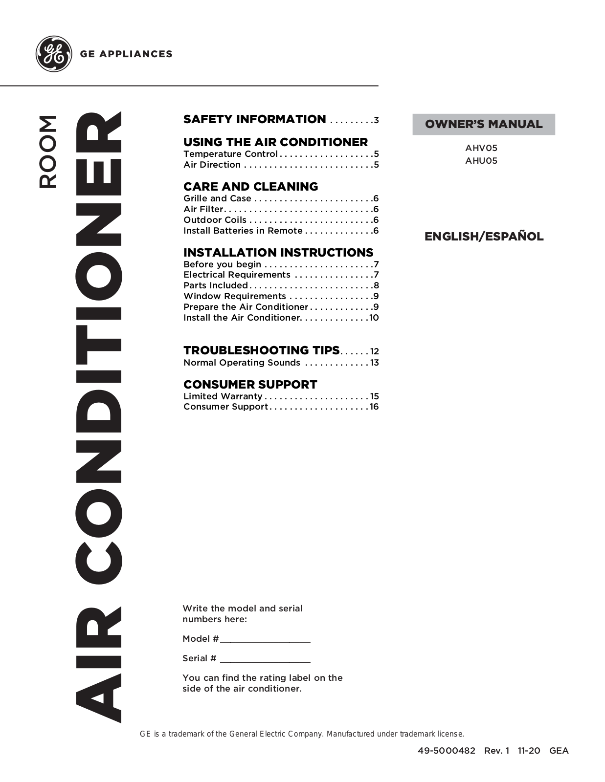 GE AHV05, AHU05 Owner’s Manual