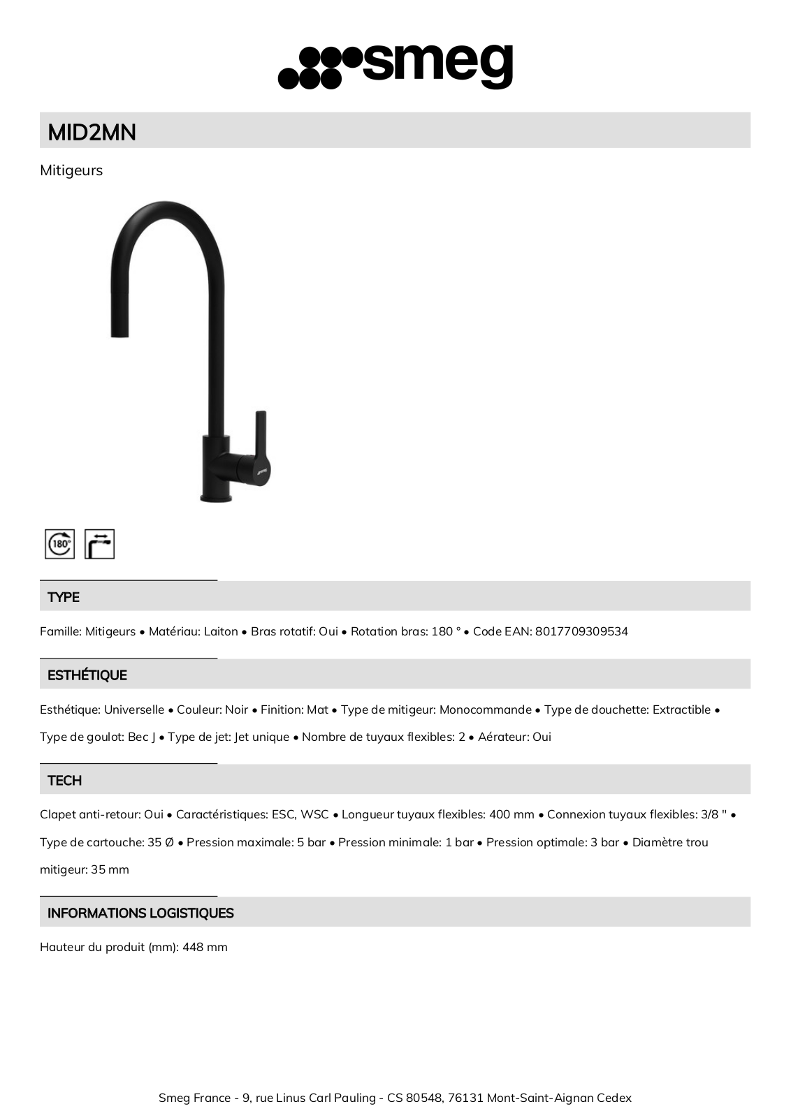 Smeg MID2MN Product Information Sheet