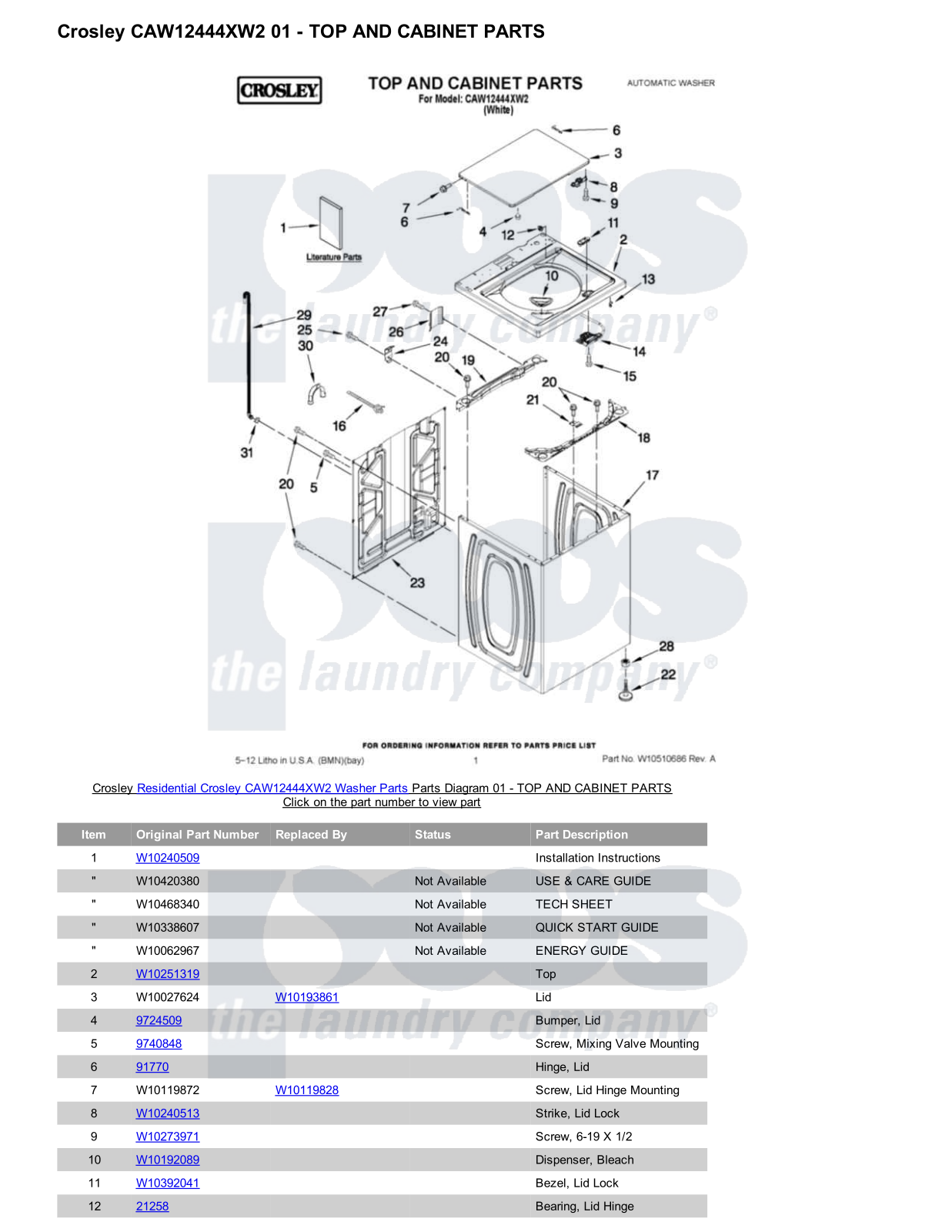 Crosley CAW12444XW2 Parts Diagram