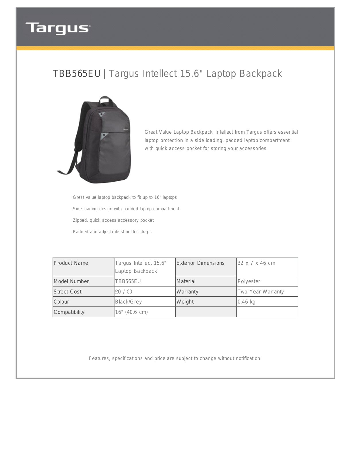 Targus TBB565EU Product Data Sheet