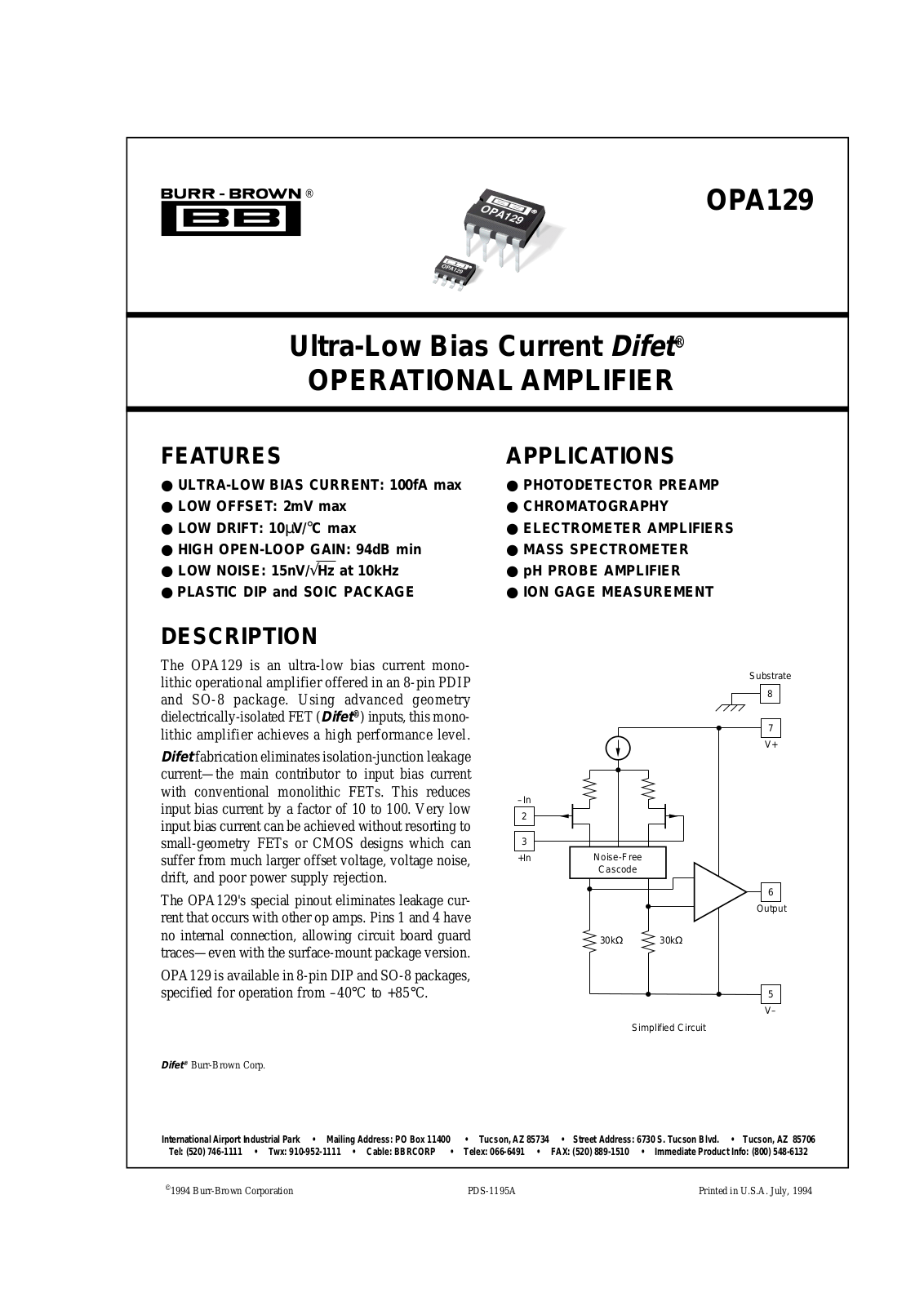 Burr Brown OPA129UB, OPA129P, OPA129PB, OPA129U, OPA129UB-2K5 Datasheet