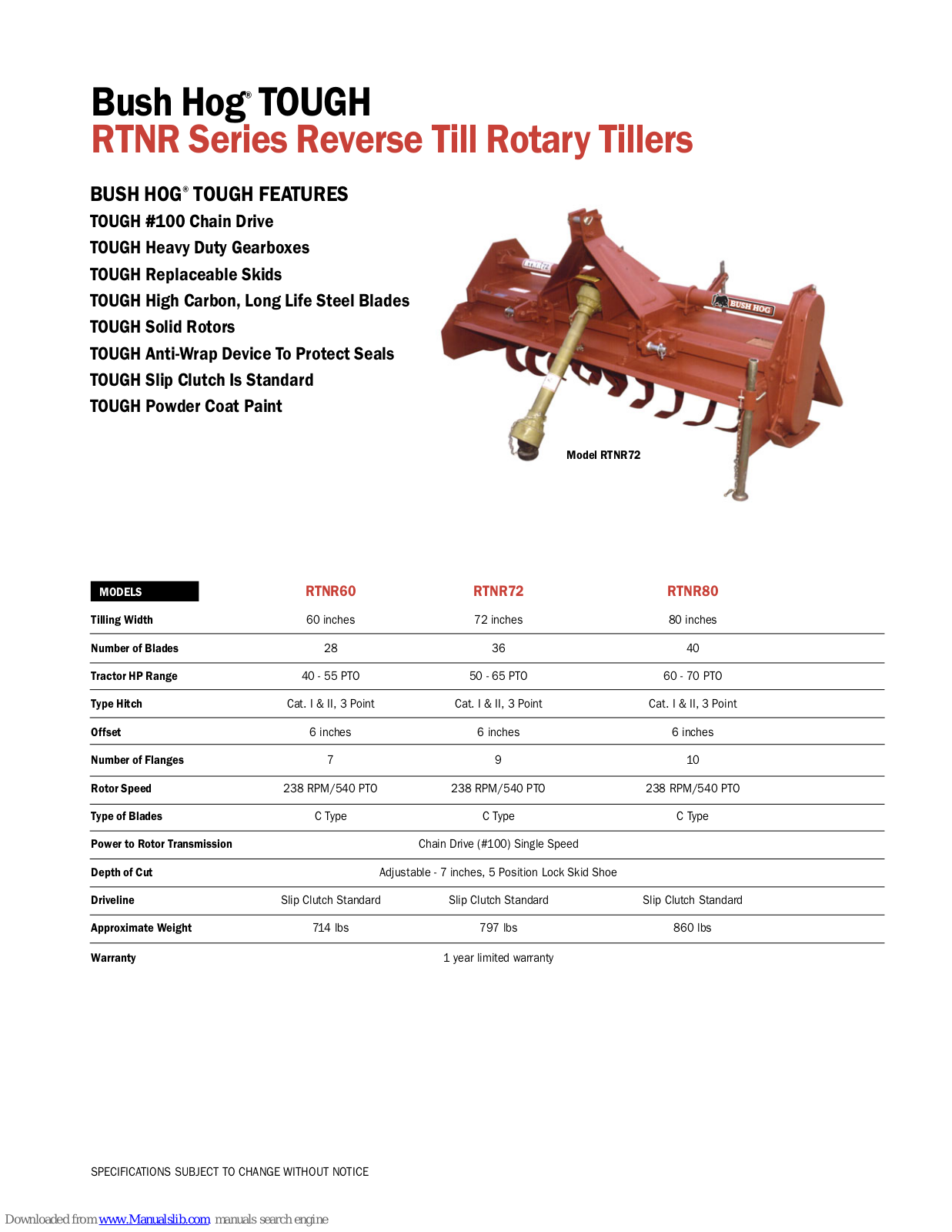 Bush Hog TOUGH RTNR60, TOUGH RTNR72, TOUGH RTNR80 Specifications