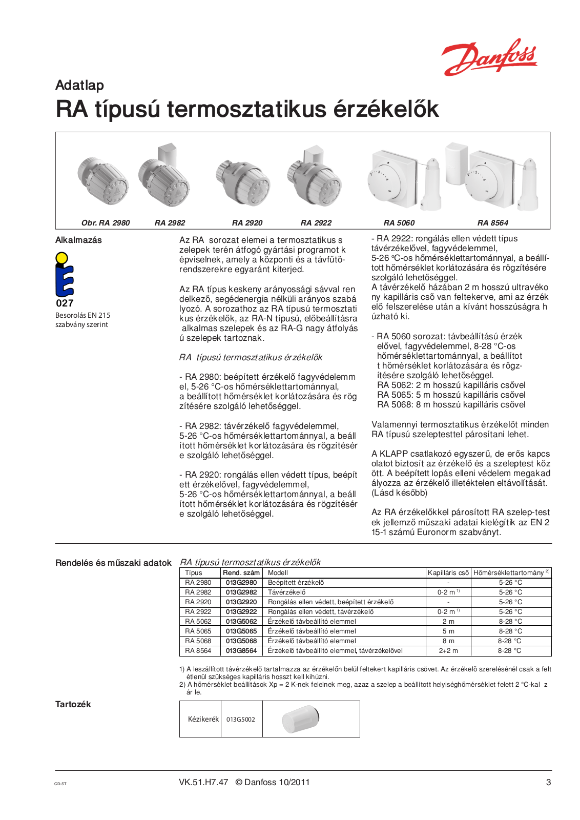 Danfoss RA 2980, RA 2982, RA 2920, RA 2922, RA 5060 Data sheet