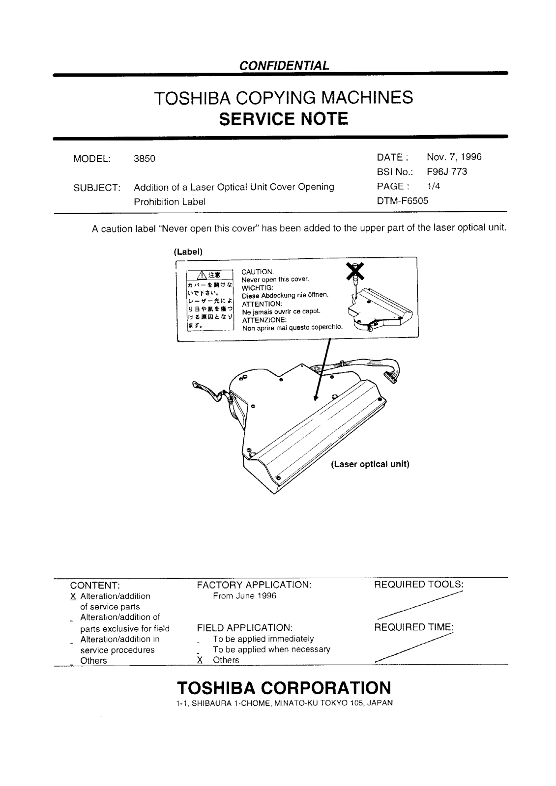 Toshiba f96j773 Service Note