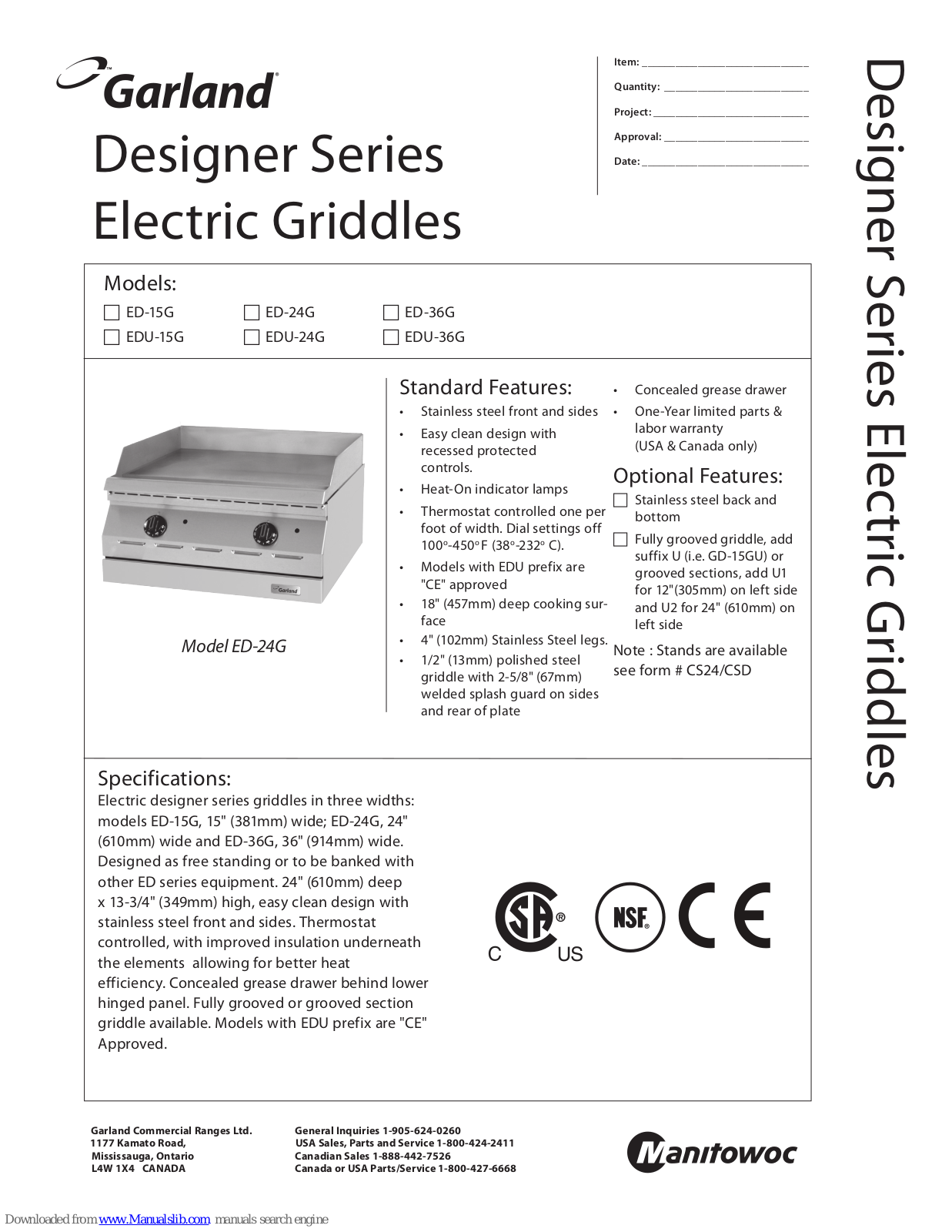 Garland ED-15G, EDU-15G, ED-24G, EDU-24G, ED-36G Specifications