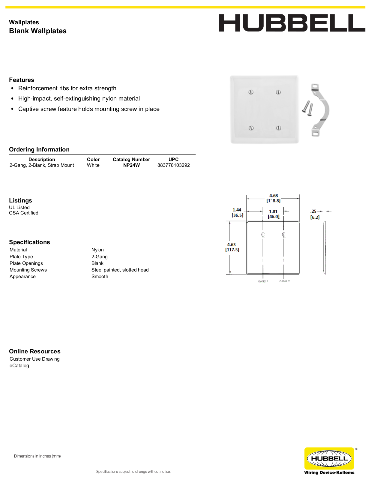 Hubbell NP24W Specifications