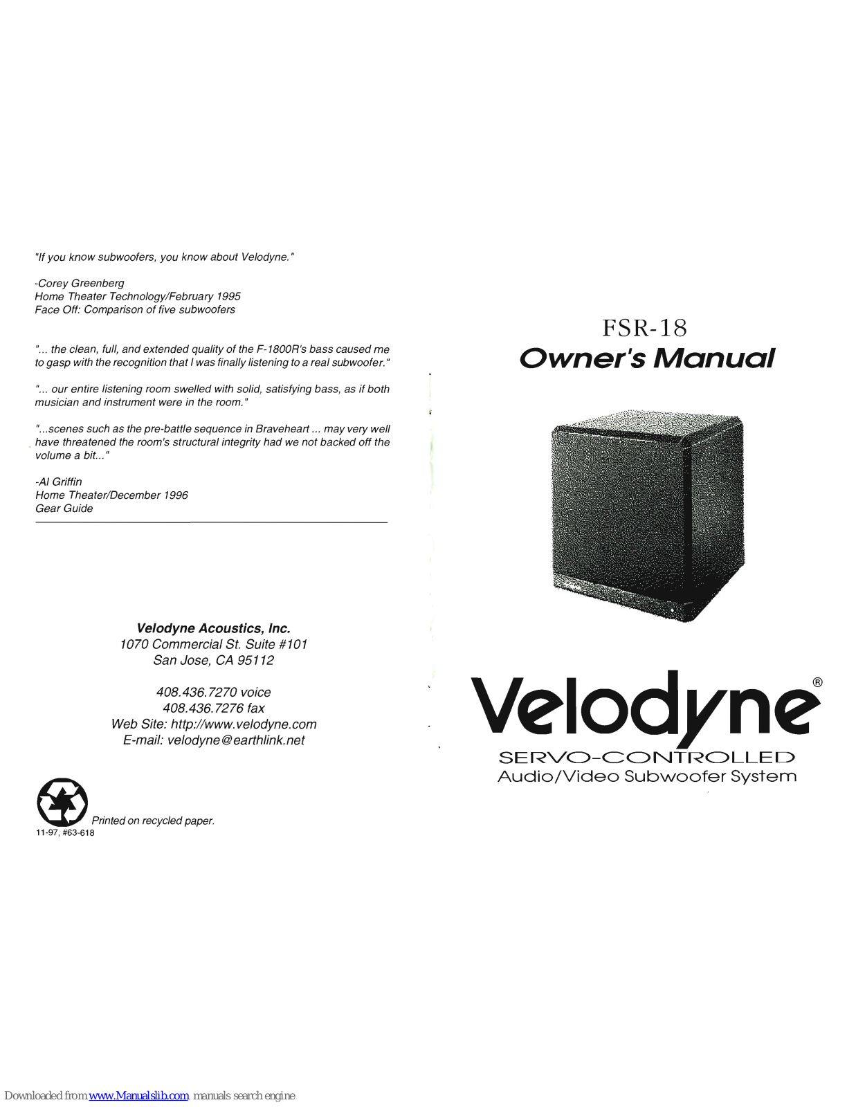 Velodyne FSR-18 Owner's Manual