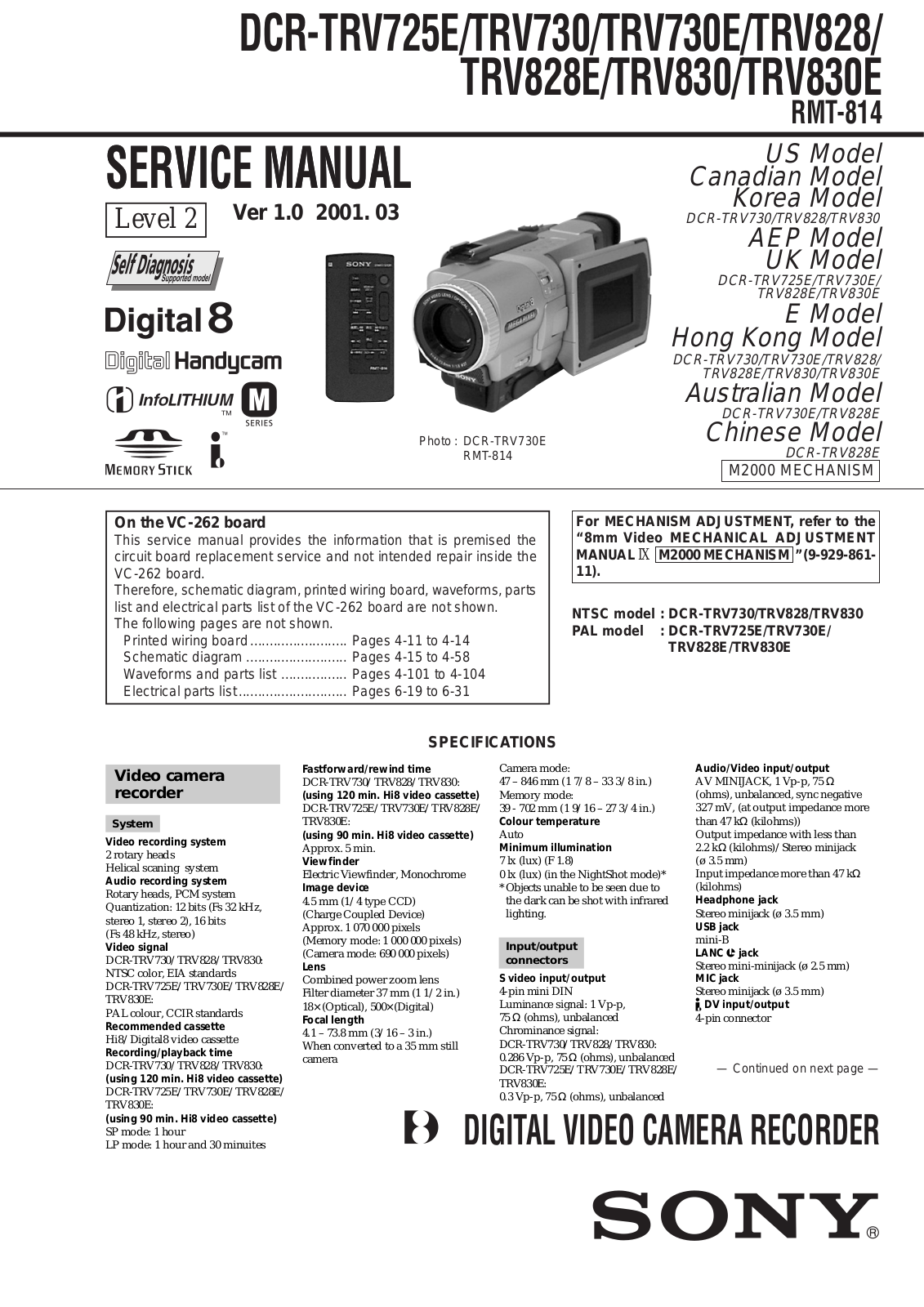 Sony DCR-TRV725E, DCR-TRV730E, DCR-TRV828, DCR-TRV828E, DCR-TRV830 Service Manual