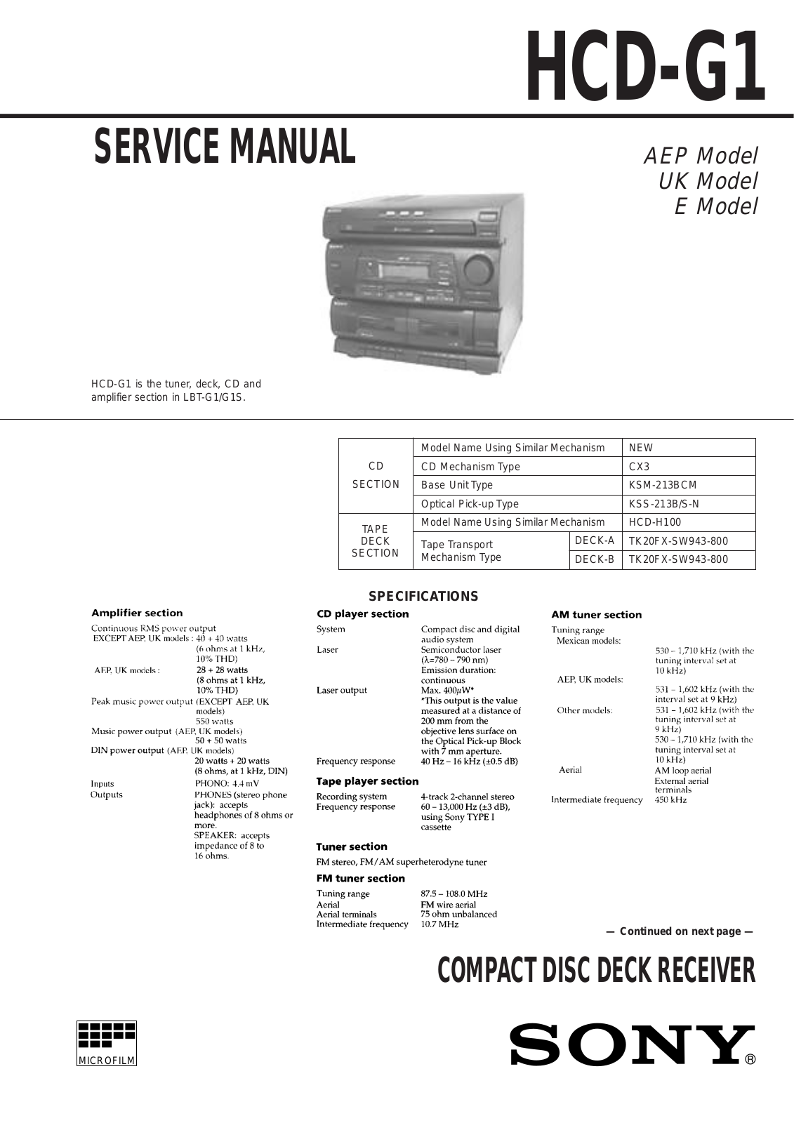 Sony HCD-G1 Service Manual