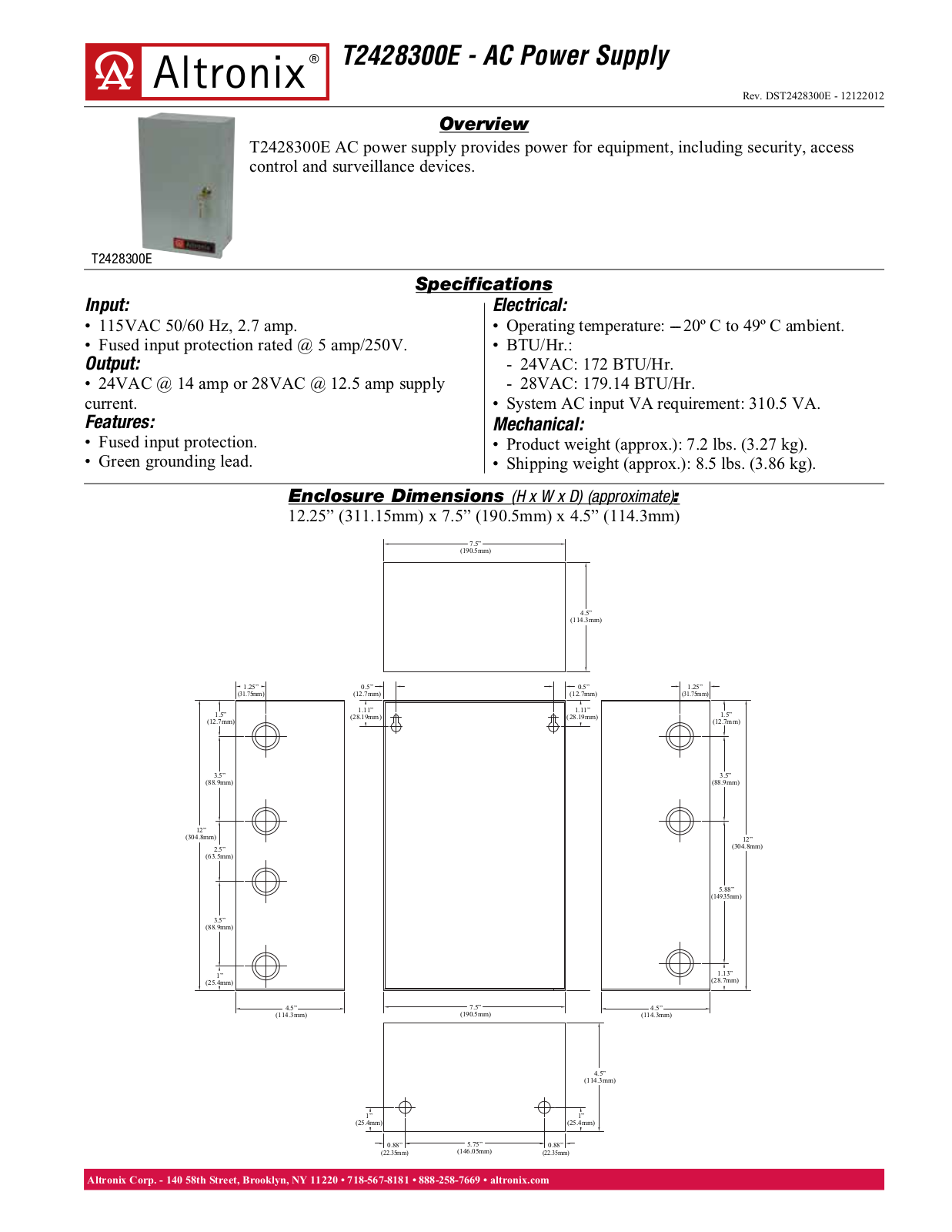 Altronix T2428300E Data Sheet