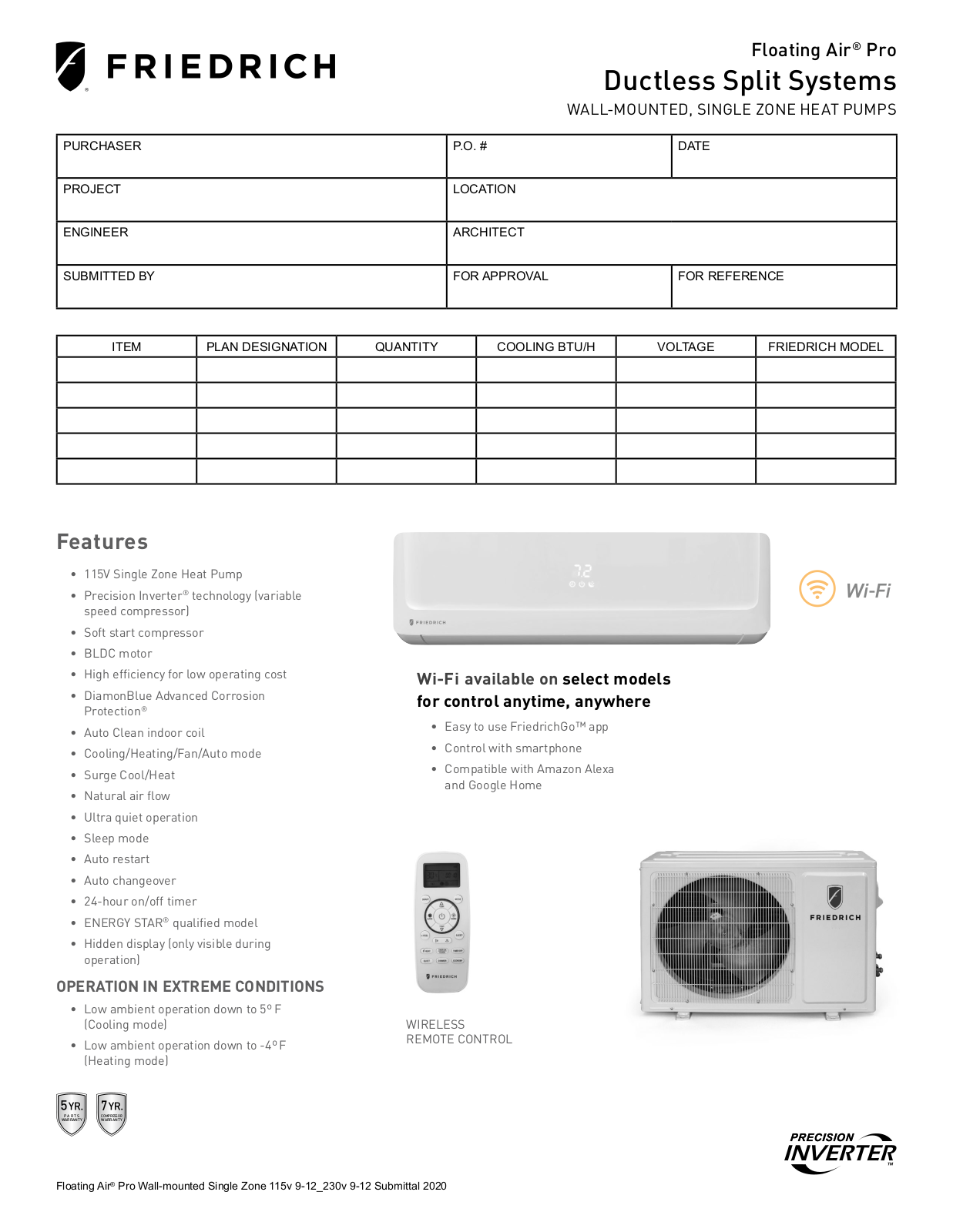 Friedrich FPHW091A Submittal Sheet