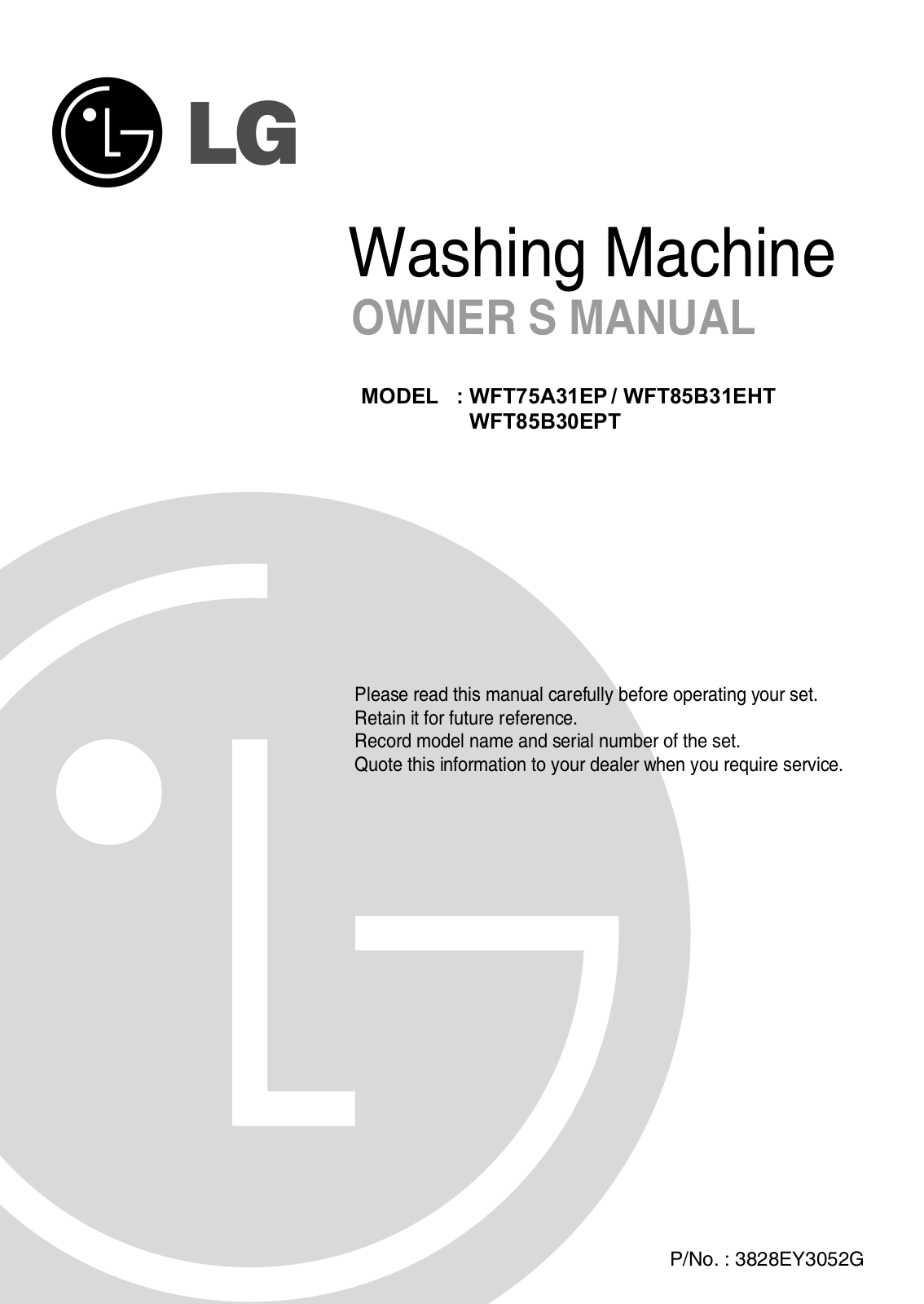 LG WFT85B30EPT Owner's Manual