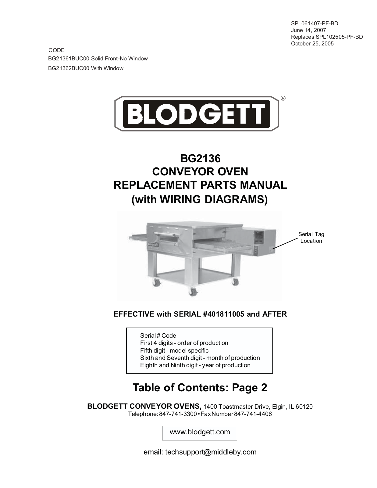 Blodgett BG2136 Parts List