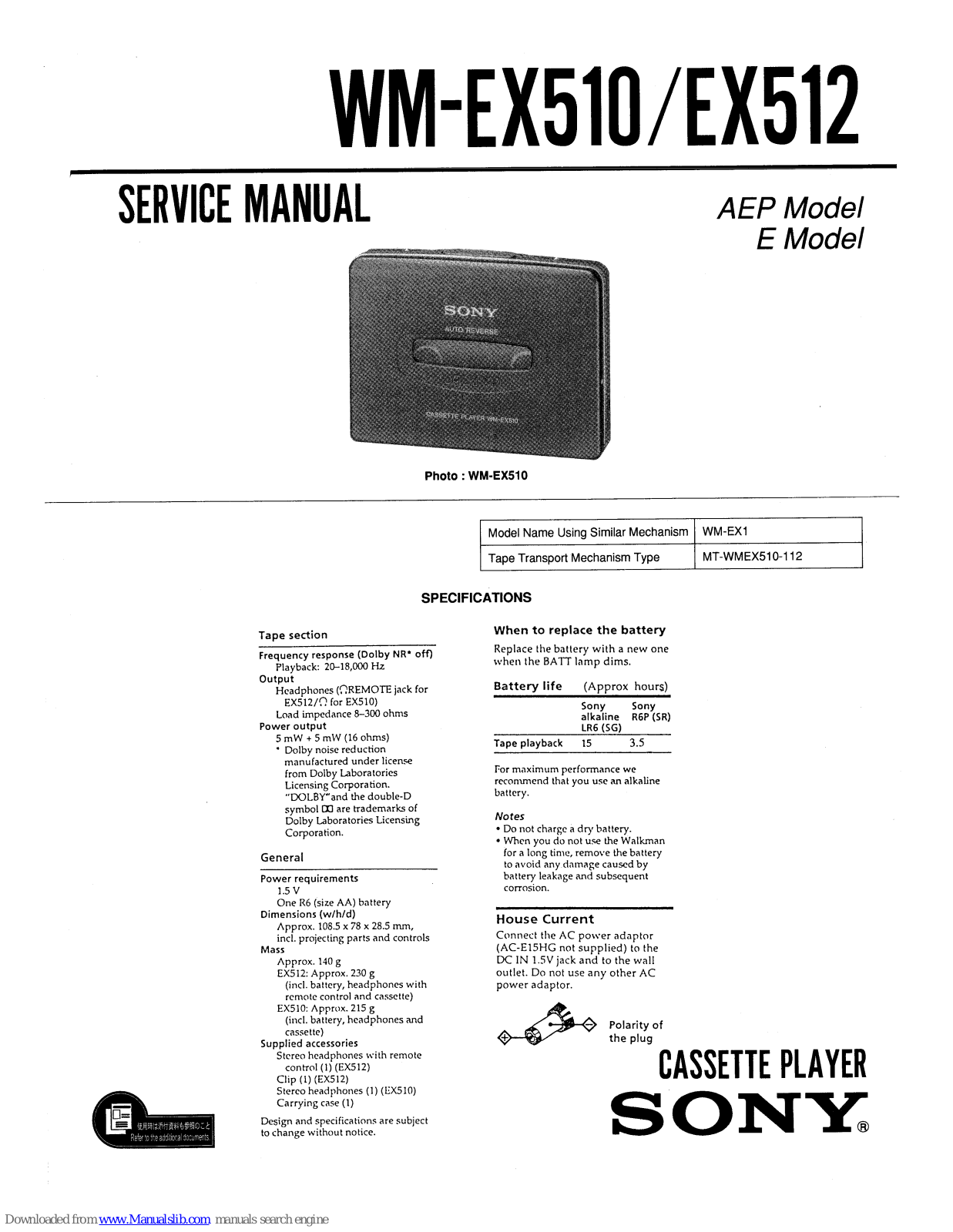 Sony WM-EX512, WM-EX510 Service Manual