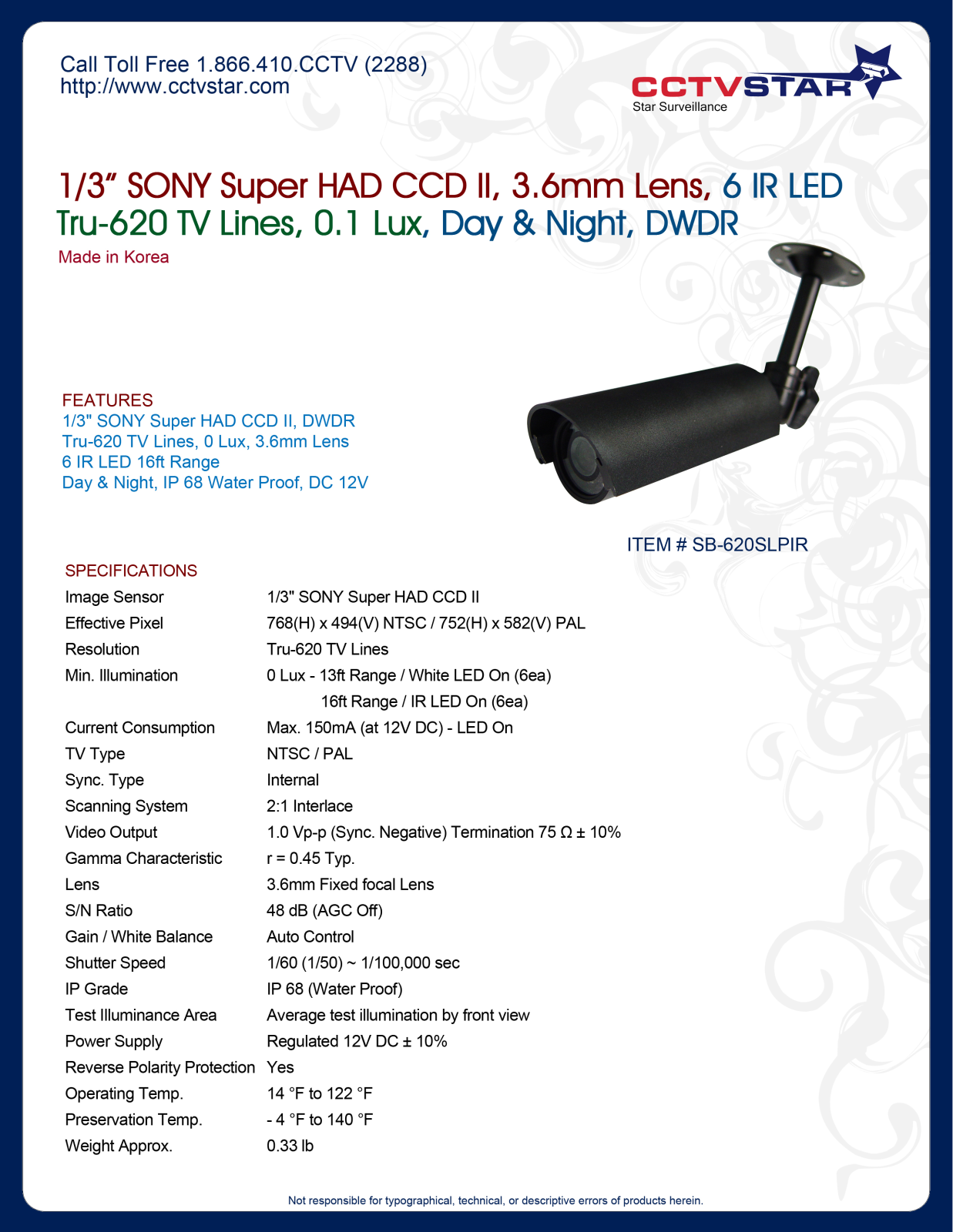 CCTV Star SB-620SLPIR Specsheet