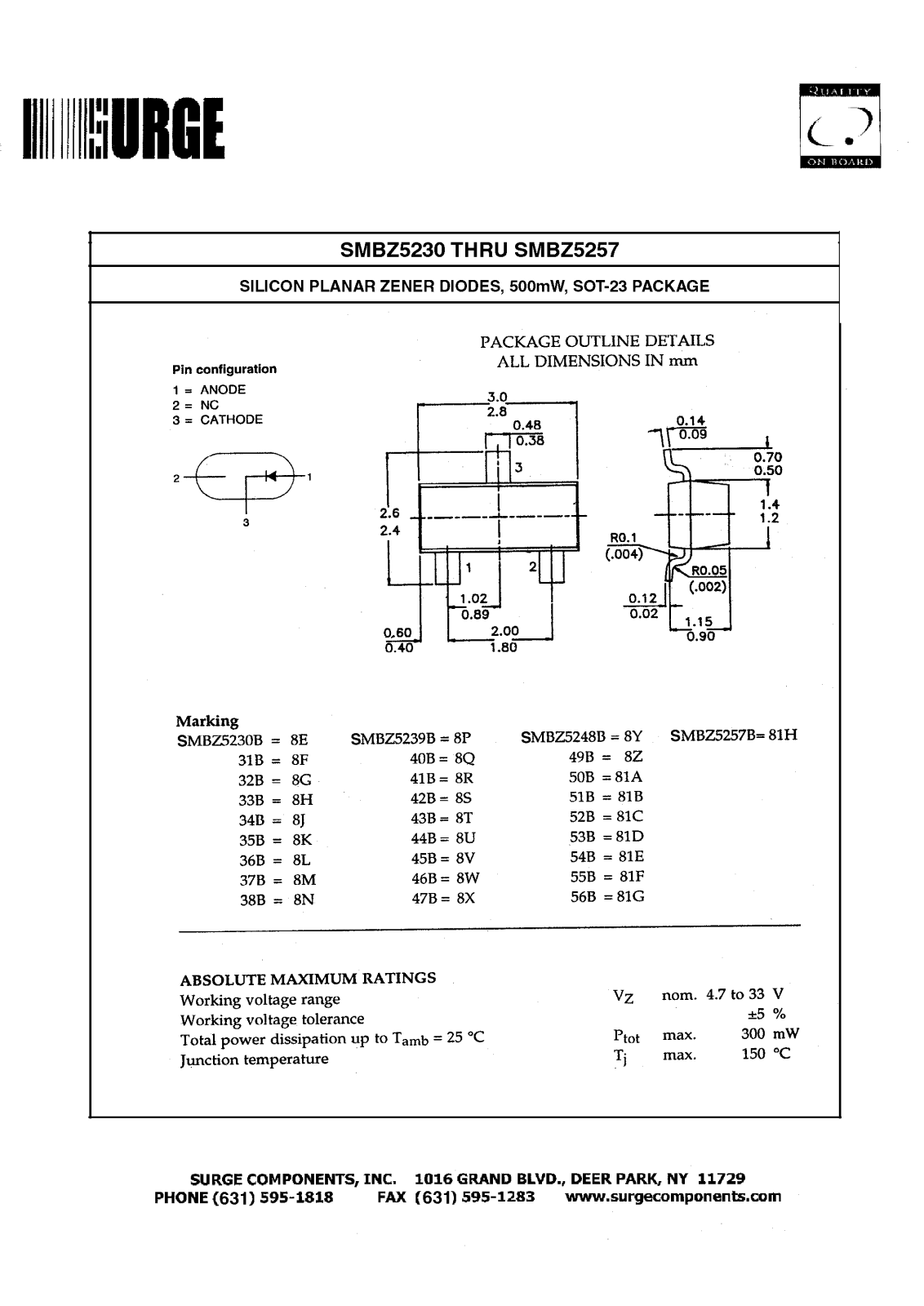 SURGE SMBZ-5252B, SMBZ-5253B, SMBZ-5254B, SMBZ-5255B, SMBZ-5256B Datasheet