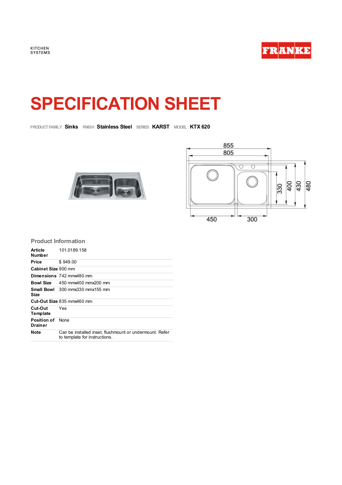 Franke KTX620 Specifications Sheet