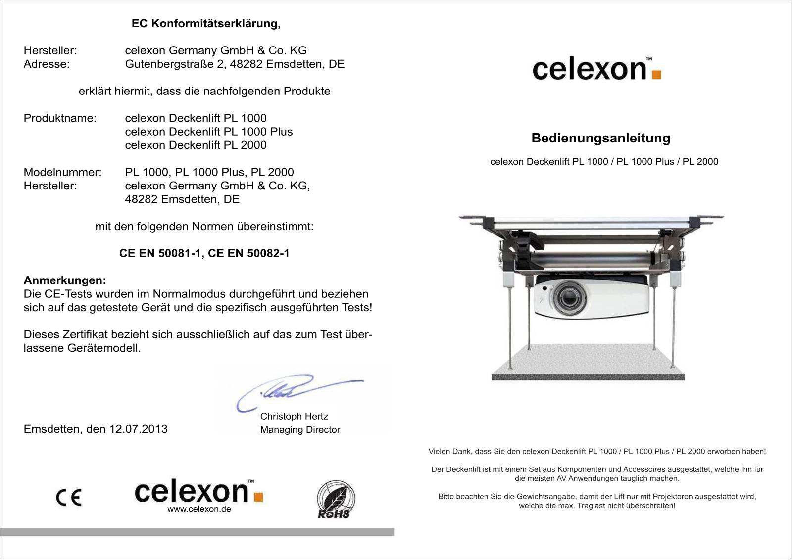 Celexon PL1000 operation manual