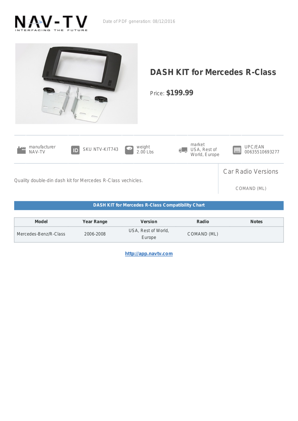 NAV-TV DASH KIT for Mercedes R-Class Specification Sheet