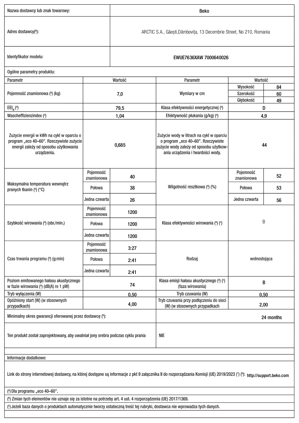 Beko EWUE7636XAW Datasheet