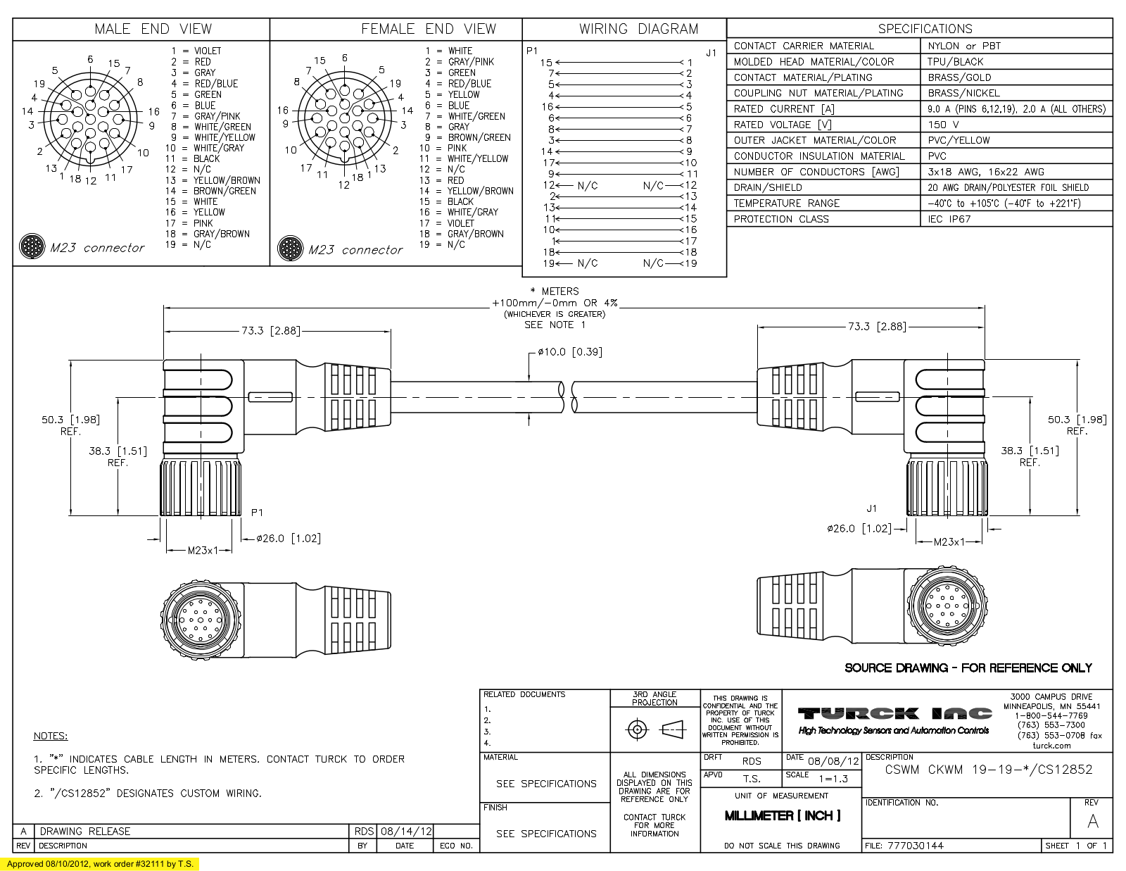 Turck CSWMCKWM19-19-4/CS12852 Specification Sheet