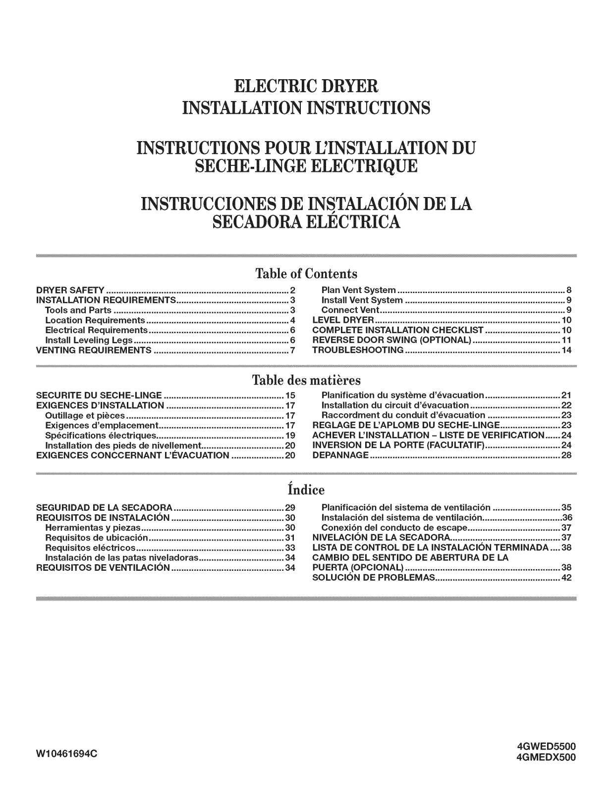 Whirlpool 4GWED5500YW0 Installation Guide