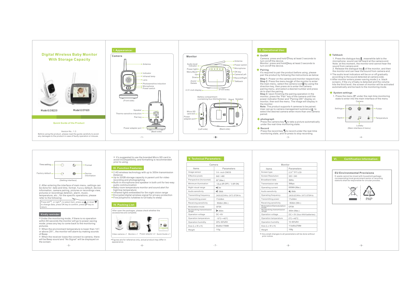 Gospell Smarthome Electronic GD8220, GD7620 Users Manual